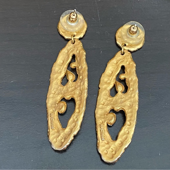 Vintage 80’s JJ Jonette Jewelry Brushed Gold Hammered Oval Rhinestones Earrings - Picture 7 of 11